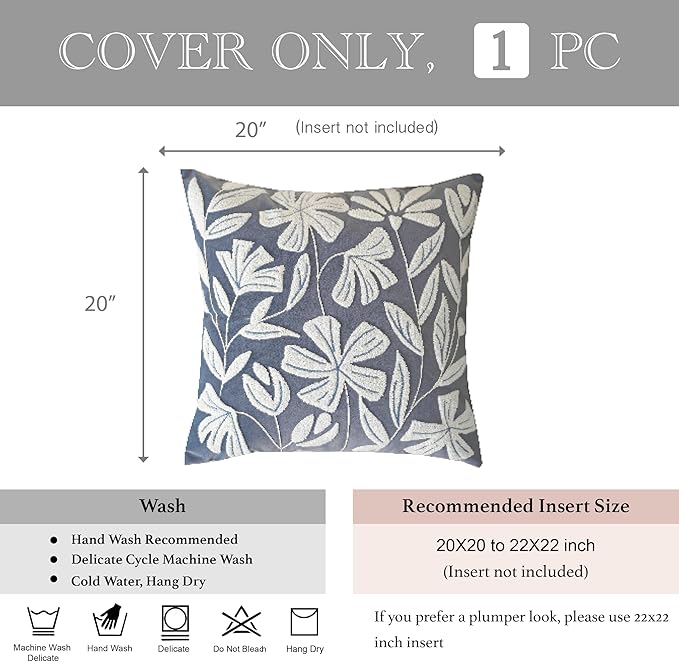 BlissBlush Blue Velvet Decorative Throw Pillow Cover 20X20, Flower Tufted Soft Farmhouse Textured Pillowcase, Accent Pillowcase for Couch Sofa Bed Living Room