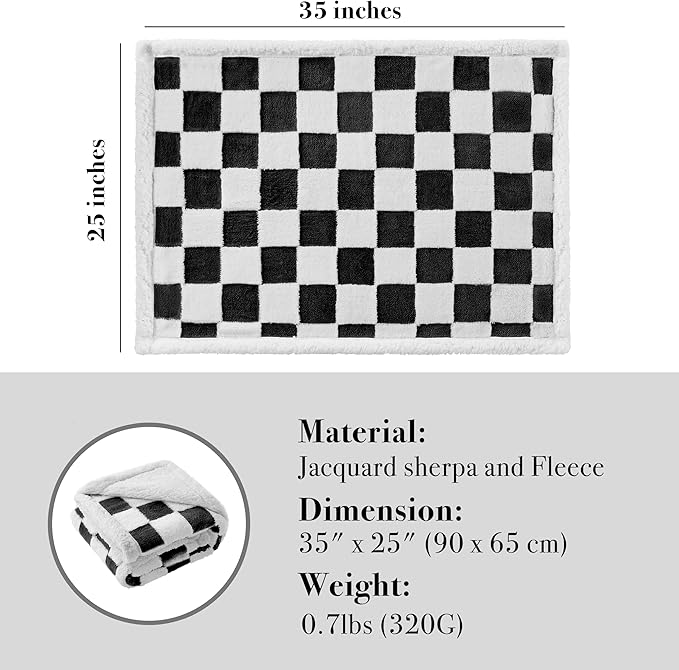 Checkered Dog Blanket, Black White Jacquard Sherpa Blankets for Small Dog and Cats, Cute Aesthetic Style Fluffy Fleece Pets Blanket for Couch Protection Washable, 25"x35"
