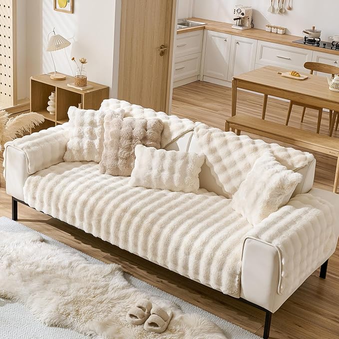 Faux Fur Couch Cover Fuzzy Soft Plush Thick Bubble Sofa Cover Luxury Sectional Couch Covers Luxury Anti-Slip Sofa Slipcover Washable Furniture Protector (Ivory,28"x59")