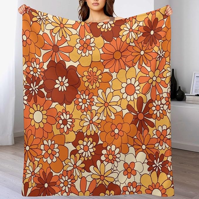 Vintage 70s Throw Blanket, Boho Hippie Bright Orange Flowers Groovy Abstract Funny Art Print Blanket for Couch Sofa Bed 50"x60"