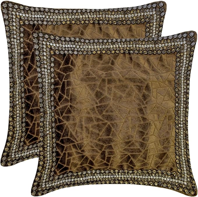 The HomeCentric King/Queen/Twin Brown Decorative Bed Runner Twin 53"x18" Bed Runner Without Pillow Cover, Border, Crystal, Cut Velvet, Mosiac Pattern Bed Scarf on Velvet Fabric - Velvet Fusion