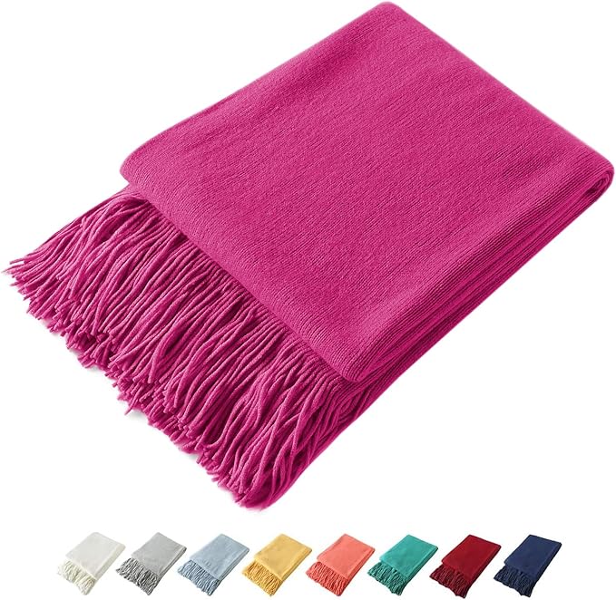 Homiest Decorative Knitted Throw with Fringe, Lightweight Acrylic Knit Blanket, Soft & Cozy Tassel for Couch Sofa Bed (Fuschia, 50 x 60 Inch)