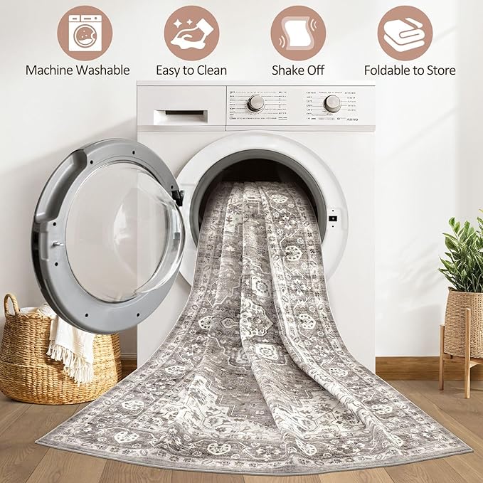 10x14 Area Rugs Living Room: Washable Boho Large Neutral Vintage Soft Rug Stain Resistant Farmhouse Non-Slip Indoor Rustic Floor Carpet for Bedroom Nursery Kids Playroom Office Dining Room- Dark Brown