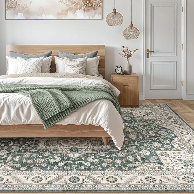 Vintage Living Room Area Rug 9x12 - Large Soft Washable Oriental Traditional Distressed Farmhouse Rugs for Bedroom - Indoor Floor Accent Carpet for Home Office House Decor - Vintage Green