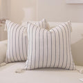 Decorative Boho Throw Pillow Cover 20x20 Inch Set of 2, Soft Textured Linen Striped Throw Pillows with Tassels, Farmhouse Decor Cushion Covers for Couch Bed Living Room, Dusty Blue