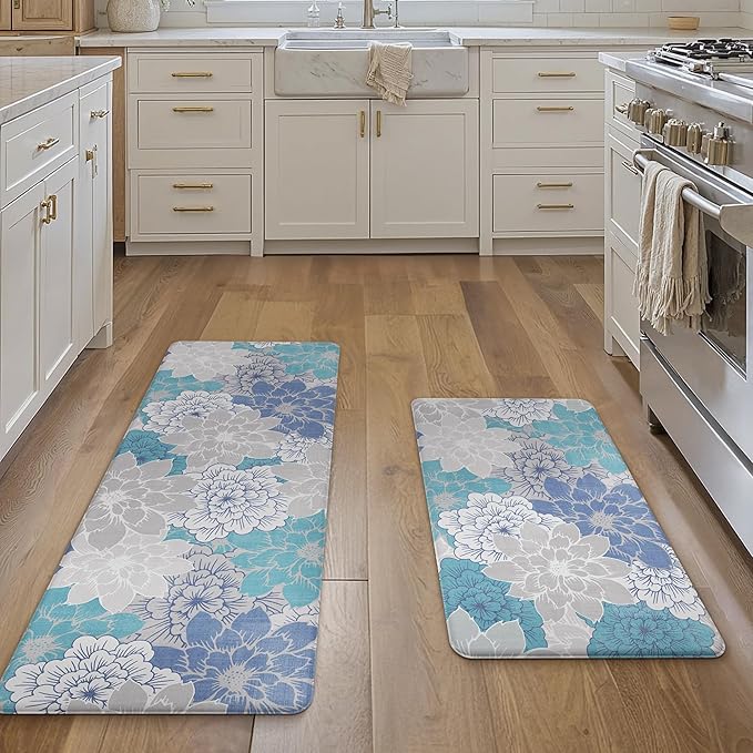 GENIMO Kitchen Mats for Floor, Kitchen Rugs Non Slip Washable Sets of 2, Waterproof Cushioned Anti Fatigue Mat, Floral Runner Rug for Laundry, Sink, Office, Home, 20"x32"+20"x48", Sky Blue
