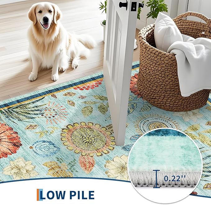 GarveeHome 4x6 Floral Washable Area Rug: Large Living Room Area Rug with Non-Slip Backing Washable Ultra Soft Bedroom Floral Carpet Indoor Stain Resistant Carpet for Dining Room 4 * 6 ft Light Blue