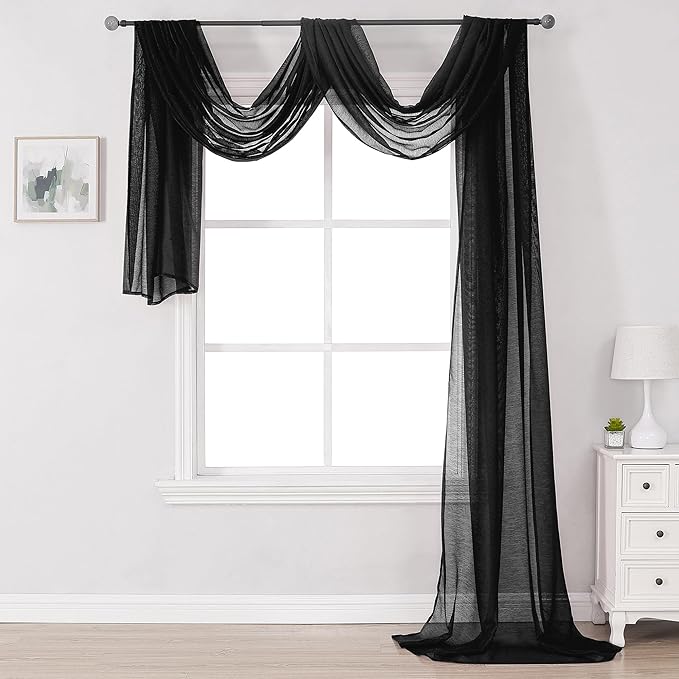 DONREN Jet Black Window Scarf Curtains for Outdoor Decoration - Add Luxury Beautiful Elegant Effect to Curtain Panels (1 Panel, 52 x 288 Inches Long)