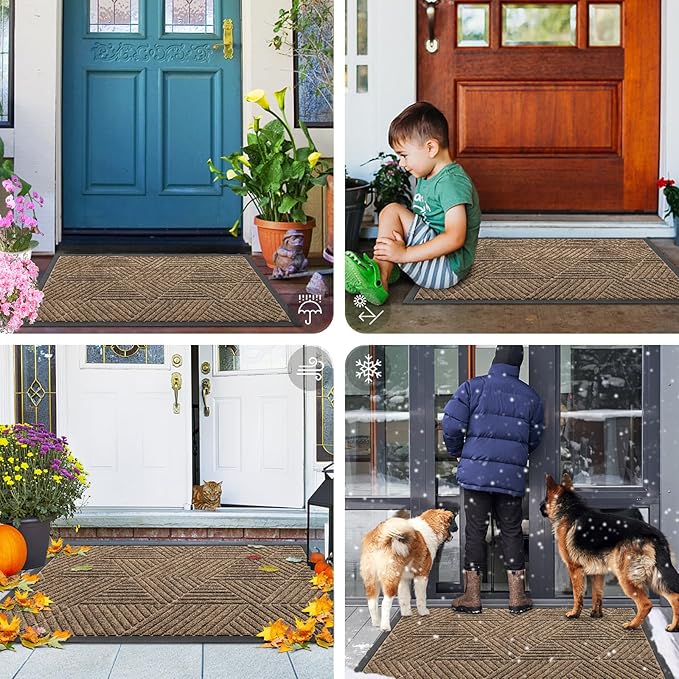 Smiry Front Door Mat Outside Entrance, Heavy Duty Sturdy Natural Rubber Doormat, Trap Dirt and Moisture, Easy Clean Low Profile Mats for Indoor Outdoor Entry, Irregular Triangle (59x40, Brown)