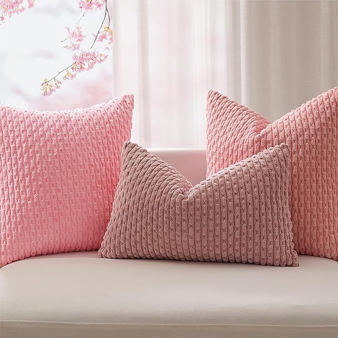 Kevin Textile Valentines Day 12x20 Inch Pillow Cover 1 Pack Boho Decorative Soft Striped Corduroy Lumbar Farmhouse Accent Rectangle Cushion Case for Living Room Couch Sofa Bed, Dark Pink