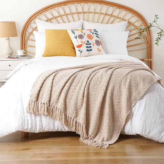 BATTILO HOME Beige Throw Blanket for Couch, Knitted Beige Throw for Bed, Neutral Throw Blankets Tan Throw Blanket for Room Decor Housewarming Gifts, 50" x 60"