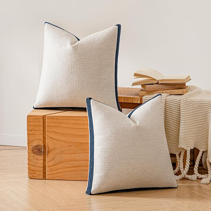 a moment Loop Yarn Linen-Like Pillow Cover Natural Soft Decorative Throw Pillow Case Farmhouse 18x18 Inch, Bohemian Textured Cushion Cover for Sofa Bed, Wrinkle-Resistant Home Decor Navy Blue