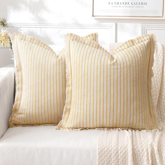 MIULEE Pack of 2 Yellow Pillow Covers 20x20 Inch Striped Farmhouse Couch Throw Pillow Covers with Fringe Chic Cotton Decorative Cushion Covers for Summer Sofa Living Room Bed Outdoor Home Decor