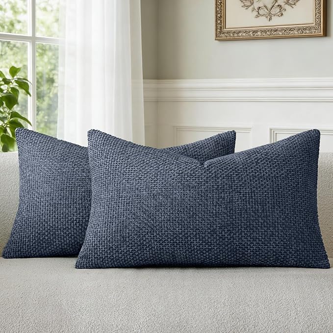 a moment Dark Blue Chenille Throw Pillow Covers 12x20 Inch Pack of 2 Modern Decorative Throw Pillow Covers Farmhouse Cross Covers Home Decor for Sofa Bedroom Living Room