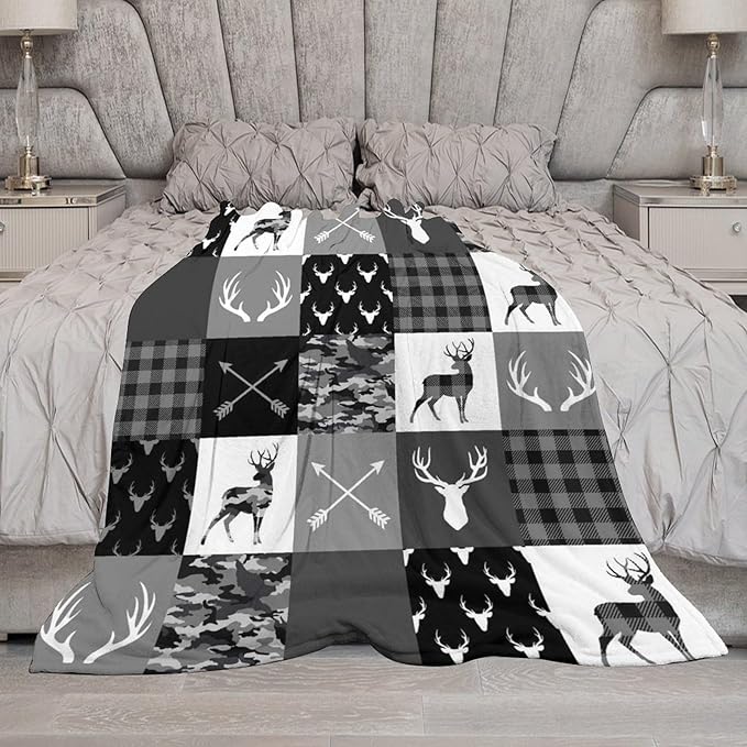 Rustic Cabin Throw Blanket, Farmhouse Grey Camouflage Deer Vintage Country Hunting Wildlife Blanket Throw for Bed Camping Travel Living Room Bedroom, 40"x50"