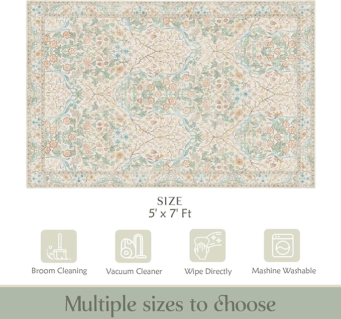 MUJOO Floral 5x7 Area Rugs,Washable Rug for Living Room Bedroom Office Dining Room,Large Throw Carpet,Boho Non Slip Indoor Floor Big Soft Neutral Vintage Ultra-Thin Light Green and Beige
