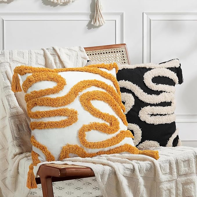 Adabana Yellow and White Pillow Covers Decorative Tufted Abstract Throw Pillows Cover Modern Farmhouse Home Decor for Couch Living Room Safa Bed,18X18 Inch