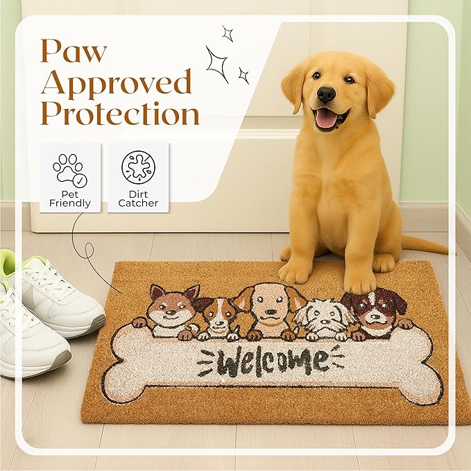 Coir Door Mats 17" X 30", Non-Slip Sturdy, PVC Backed Heavy Duty, Easy to Clean, Ideal for Door Entrance, Patio, Porch, Backyard, Garages, 5 Welcoming Puppies