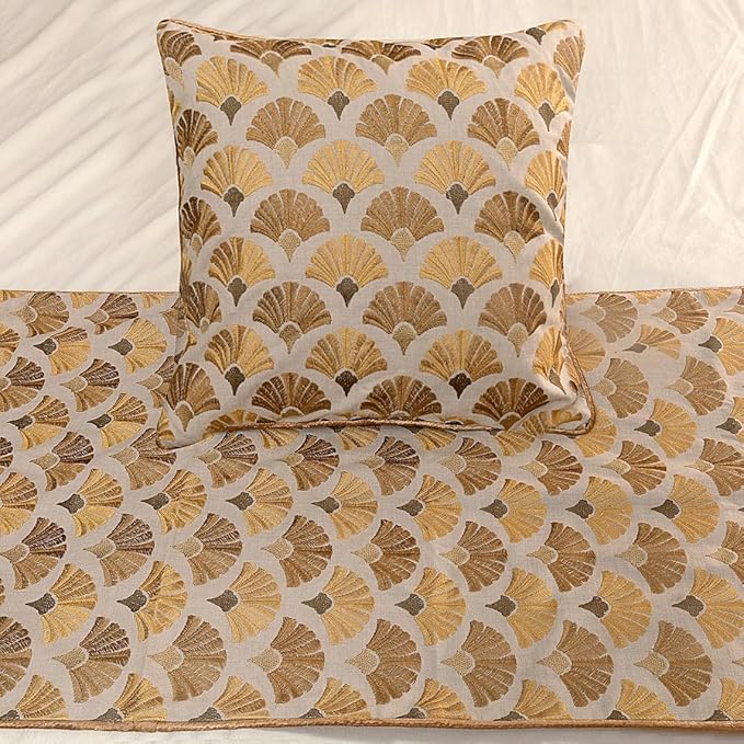 The HomeCentric King Queen Twin Beige & Yellow Gold Handmade Full 68"x18" Bed Runner with 2 Pillow Cover, Floral Embroidery Bed Scarf on Cotton Embroidery Fabric - Autumn Bloom