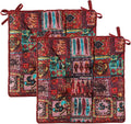 Bohemian Square Seat Cushions for Kitchen Dining Living Tea Room,16.5" x 16.5" Printing Chair Pads with Non-Slip Ties, 2Packs, Red