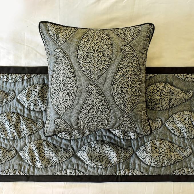 The HomeCentric King/Queen/Twin Grey Decorative Queen 74"x18" Bed Runner with Pillow Cover, Paisley & Beaded Bed Scarf on Jacquard Fabric - Paisley History