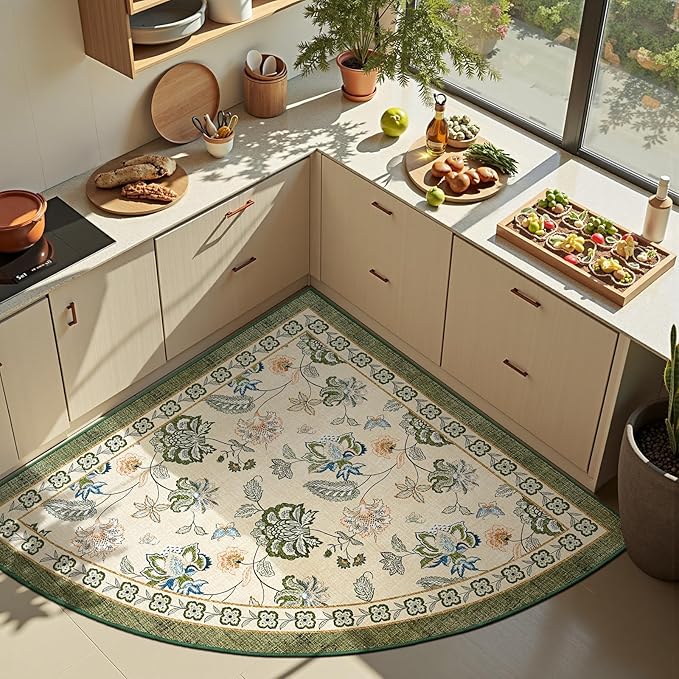 jinchan Elora Floral Corner Rug for Entryway Washable Rug Vintage Romance Christmas Design Non Slip Quarter Circle Lightweight Low-Pile Throw Carpet for Playroom Nook Nursery 4ft Radius, Green/Beige