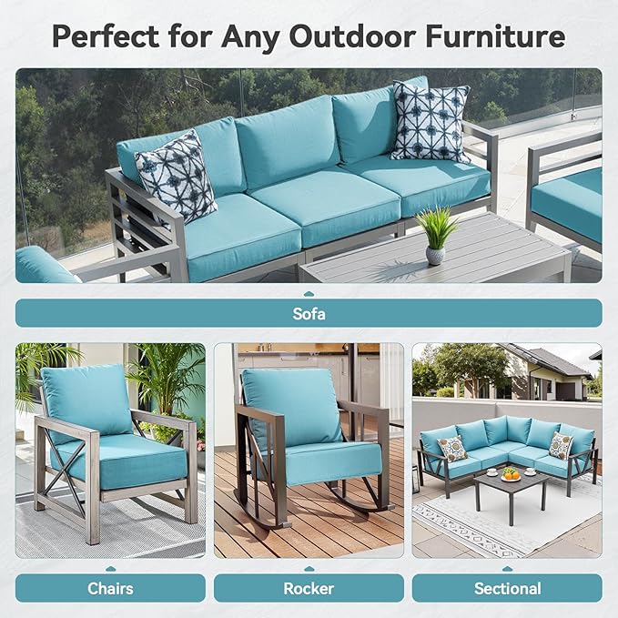 Luxury 6" Outdoor Cushions for Patio Furniture, 24x24x6" Thick Seat Cushion Set of 3, Fade Resistant Couch Chair Replacement Cushions High Density Deep Wicker Chair Cushion w/ Removable Cover, Teal