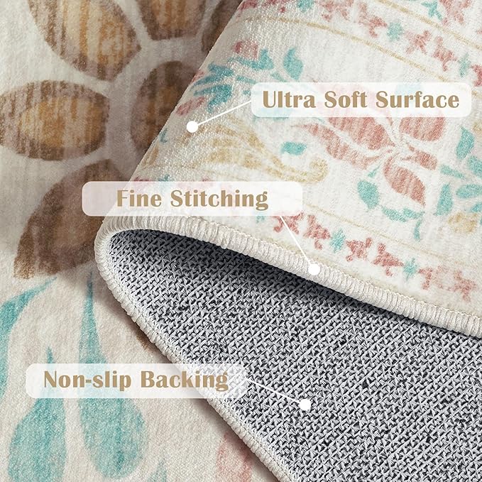 jinchan Vintage Floral Runner Rug 2x6 - Machine Washable Distressed Design Non-Slip Low-Pile Soft Thin Carpet for Hallway Kitchen Farmhouse Bedroom Entryway Laundry Room (2x6ft, Apricot Multi)