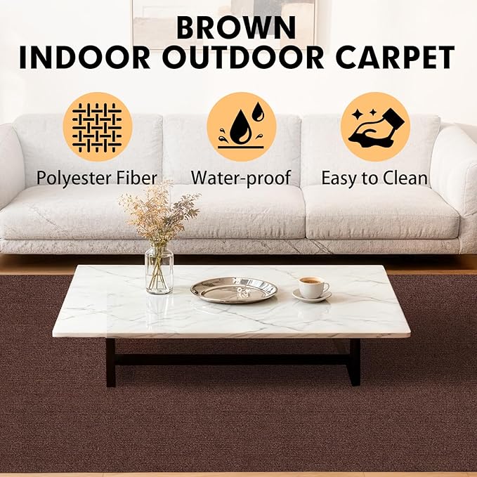 Marine 6 FT x 18 FT Brown Indoor/Outdoor Rug 0.2" Thick - Boat Carpet with Water-Proof TPE Backing, Non-Slide for Home, Patio, Porch, Deck