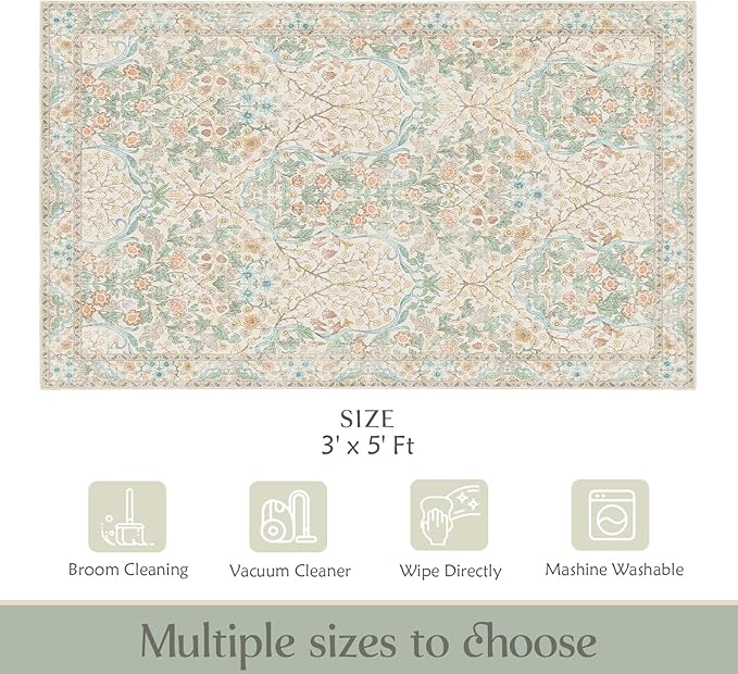 MUJOO 3x5 Rug Washable,Floral Area Rug for Bedroom Office Entryway Living Room Bedside,Small Throw Carpet Boho Non Slip Indoor Floor Neutral Vintage Ultra-Thin Light Green and Beige