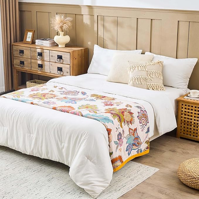 Summer Throw Blanket for Bed, 80"x90" Boho Throw Blankets 100% Cotton Quilts Farmhouse Decoration Warm Soft Blanket Muslin Bed Blankets for Couch Chair