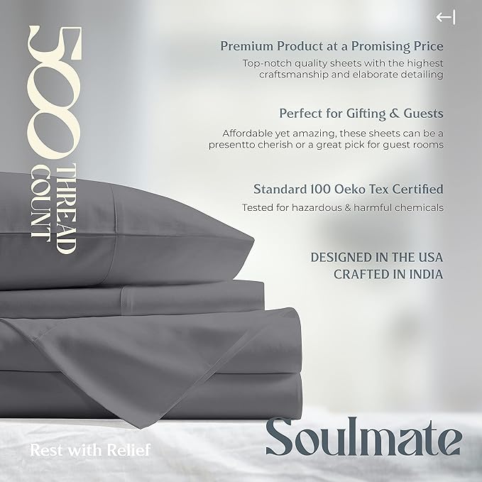 Mayfair Linen 100% Cotton Bed Sheets Twin Sheet Set - 500 Thread Count Sheets Twin Size 3 PC Set (Dark Grey), Soft, Cooling, Hotel-Quality 16" Deep Pocket Sateen Weave Cotton Bedsheet for Dorm Room