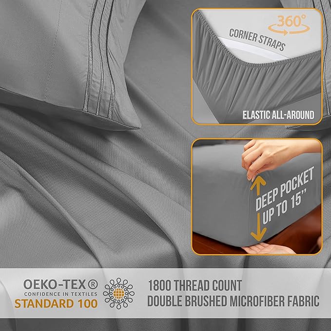 Full Size Bed Sheets Cooling - Luxury Hotel Sheet Set - Soft Sheet with Elastic Corner Strap - Deep Pocket Microfiber Bedsheet - Bedding Sheets & Pillowcases -4 PC (Full Size, Light Gray)