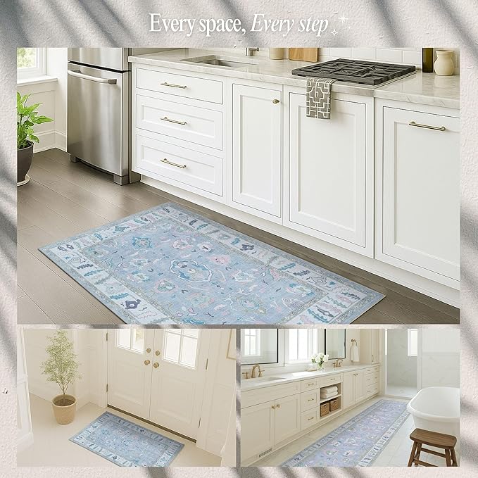 Fame Rugs Lavender Modern Oushak Rug 2'6"x7', Washable Vintage Turkish Colorful Oriental Antique Inspired Foldable Small Runner Rugs, Luxury Living Room Bedroom (386PBL, 2'6" x 7')