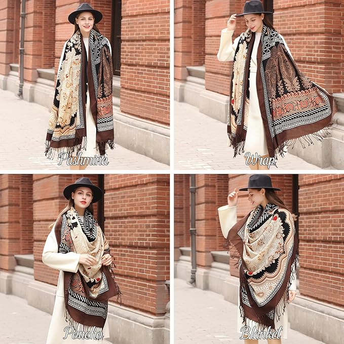 DANA XU 100% Merino Wool Pashmina Shawl for Women 96"x43", Oversized Cashmere Wrap with Tassels, Floral Travel Blanket Cape