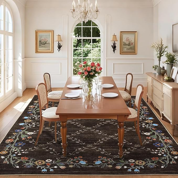 GarveeHome 10x13 Washable Floral Area Rugs for Living Room: Modern Floral Non Slip Large Area Rugs for Bedroom, Large Machine Washable Living Room Low Pile Carpet with Non-Slip Backing Brown 10'x13'.