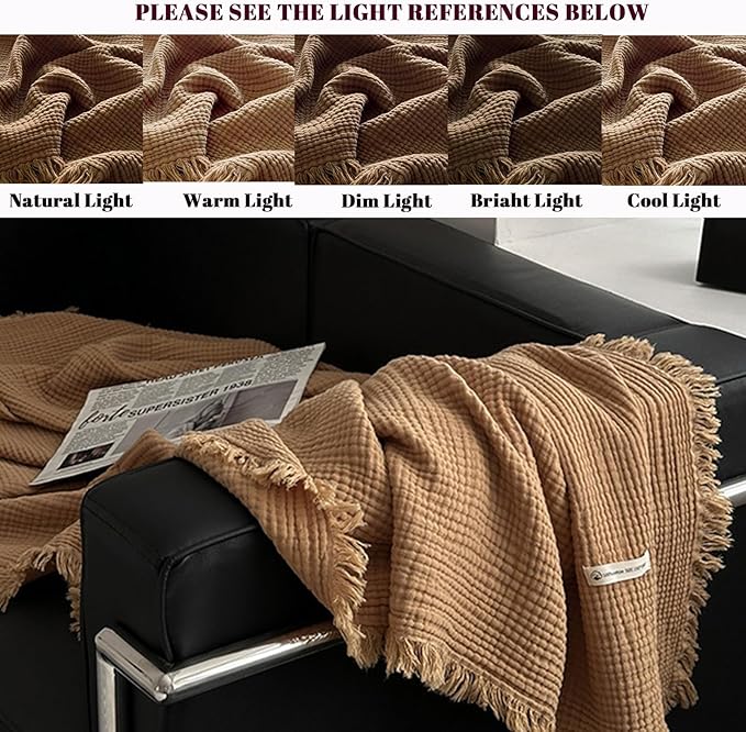 MorroMorn 100% Cotton Muslin Blanket with Fringes Twin Size 60"x80", 4-Layer Gauze Blankets for Adults, Boho Bedding Breathable Lightweight Ultra-Soft for Couch Bed All Seasons, Brown