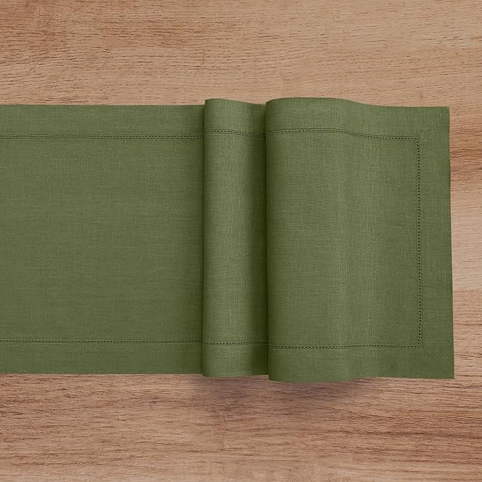 Solino Home Linen Olive Table Runner 108 Inches Long - 100% Pure Linen 14 x 108 Inch Table Runner for Christmas, New Year - Classic Hemstitch