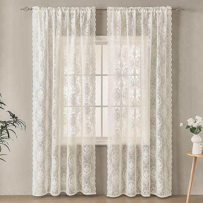 Ivory Vintage Country Floral Lace Sheer Curtains 84 Inches Long -Rod Pocket Light Filtering French Privacy Scalloped Edges Rod Pocket Boho Bedroom ，52 x 84 Inch, 2 Panels