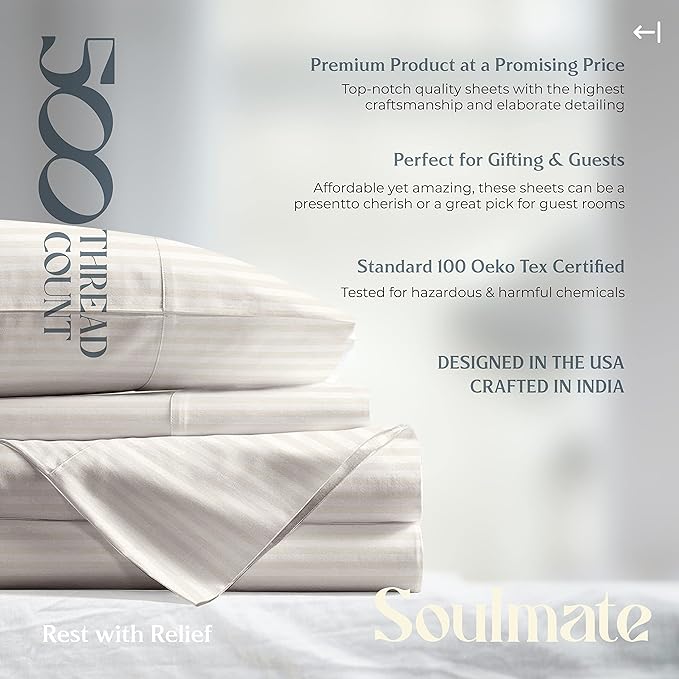 Mayfair Linen 100% Cotton Striped Sheets Full Size Bed Set - 500 Thread Count Damask Sheets Full Size 4 PC Set (Beige Stripe), Soft, Cooling, Sateen Weave Hotel-Quality 16" Deep Pocket Bedsheet