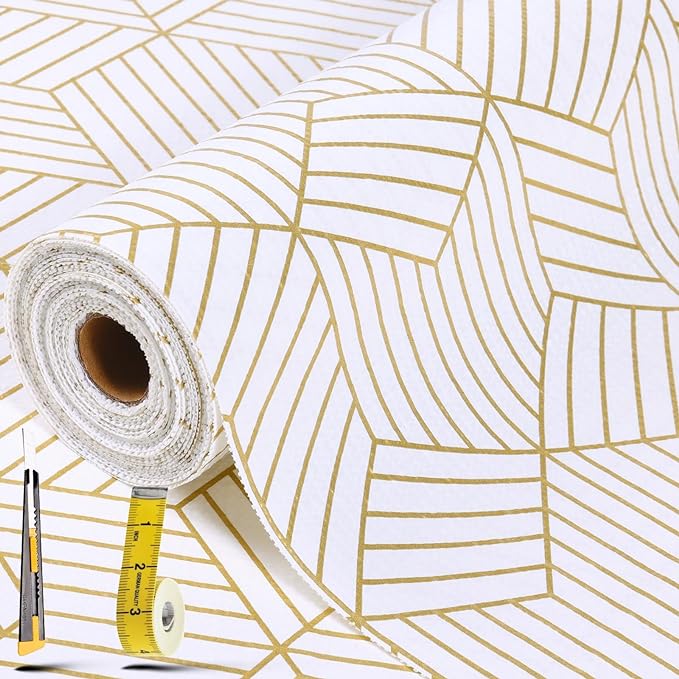 Shelf Liners for Kitchen Cabinets 12in x 30FT, Non Adhesive Cabinet Liner Strong Non-Slip Thickened Gold Geometric Drawer Liner, Easy to Clean for Shelf, Cabinet with Knife and Tape Measure