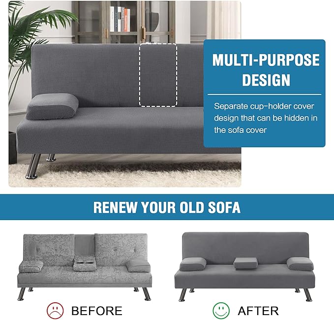 H.VERSAILTEX 4 Pieces Stretch Futon Covers Sofa Bed Slipcover with Removable Armrests and Cupholders Covers Furniture Protector High Spandex Small Checks Jacquard Fabric, Grey