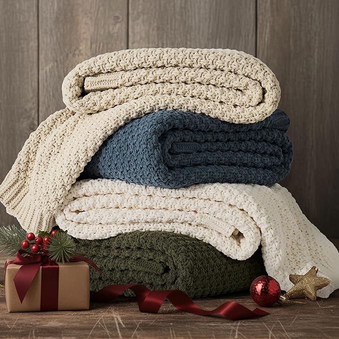 EVERGRACEHOME Chunky Chenille Knit Throw Blanket for Couch, Soft Luxurious Moss Stitch Blankets for Bed, Cozy Decorative Farmhouse Knitted Throws for Sofa, Ivory White, 60" x 80"