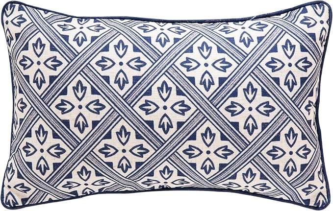 patdrea Designer Throw Pillow Covers,Chinoiserie Blue Elegant Linen with Striped Floral Pattern Pillow Cover,Decorative Lumbar Pillowcases Cushion for Bed Living Room Outdoor Car,12"x20"