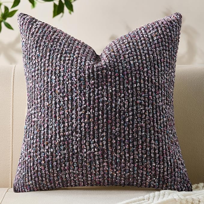 Decorative Couch Throw Pillow Covers 22x22 Purple Striped Soft Wool Pillow Covers Neutral Textured Boho Cushion Covers for Modern Farmhouse Sofa Bedroom Living Room Decor SY011-E22
