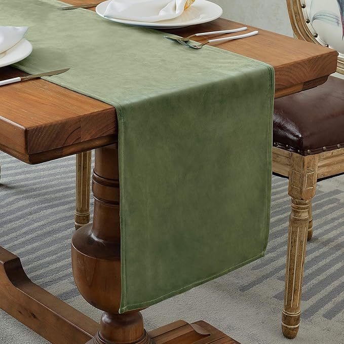BALCONY & FALCON Velvet Table Runner 14"x51" Olive Luxury Machine Washable Farmhouse Vintage Runner for Table Dining, Party, Wedding, Birthday, Easter, Thanksgiving & Christmas & Home Décor