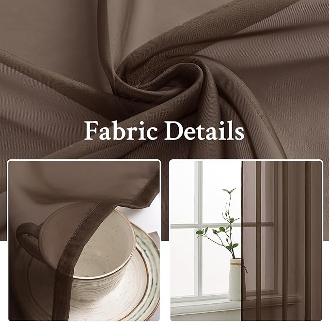 MIULEE Chocolate Brown Sheer Curtains 72 Inches Long 2 Panels, Light Filtering Voile Drapes with Rod Pocket for Bedroom and Living Room Windows
