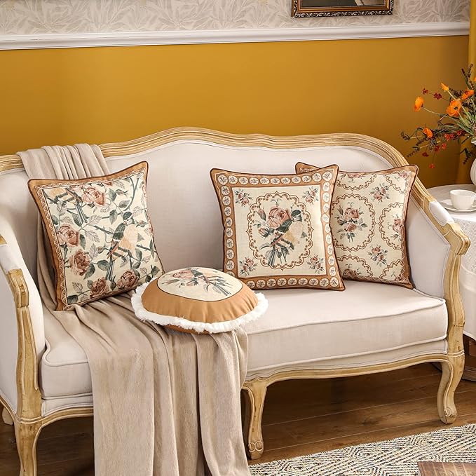 patdrea Designer Vintage Floral Throw Pillow Covers for Couch,Brown Yellow Linen Pillowcases with Bird and Rose Pattern, Decorative Square Cushion for Bed Living Room Outdoor Cafe Car,18"x18"