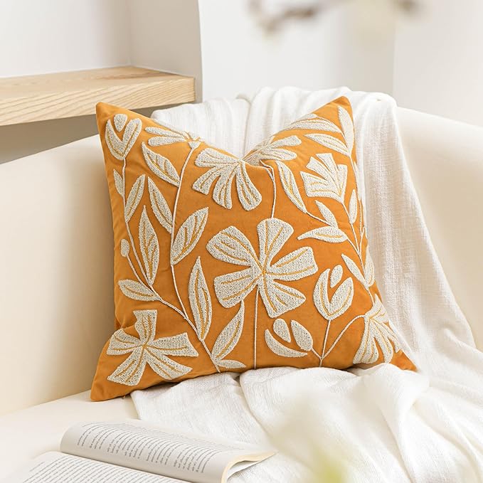 BlissBlush Fall Throw Pillow Cover 20x20, Yellow Mustard Soft Velvet Floral Decorative Accent Throw Pillowcase, Tufted Farmhouse Textured Pillowcase for Couch Sofa Bed Living Room Home Décor