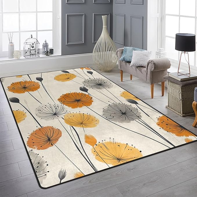 9CH Dandelion Flower Area Rug 7' X 5' Cream Yellow Bohemian Dandelion Carpet Soft Non-Slip Floor Mats for Bedroom Dining Room Nursery